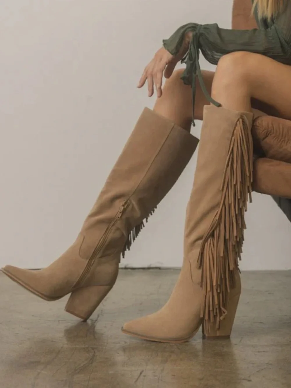 Fringe Tall Suede Boots in Taupe - Women